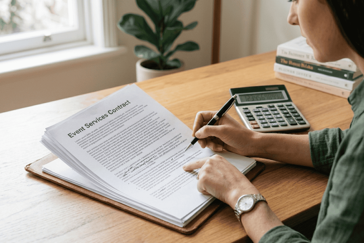 Person signing an 'Event Services Contract' document at a wooden desk, with a calculator and plant in the background.