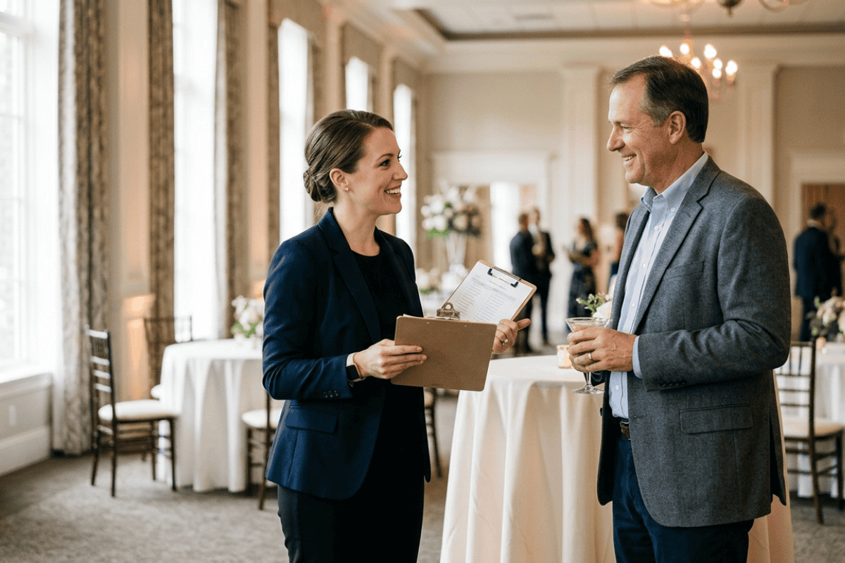 Two professionals in business attire chat at a formal event, one holding a clipboard with a list