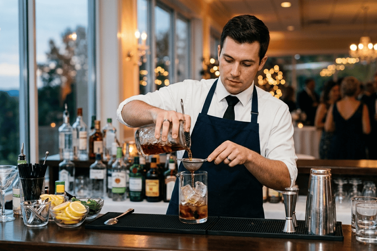 Bartender in a white shirt and navy apron pours a spirit through a strainer into a glass with ice at a well-stocked bar.