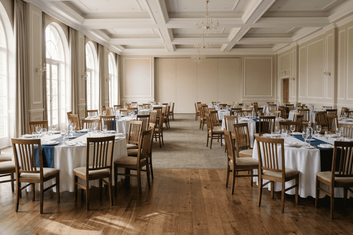 Elegant banquet hall set for a formal event with round tables, white tablecloths, blue runners, and wooden chairs.